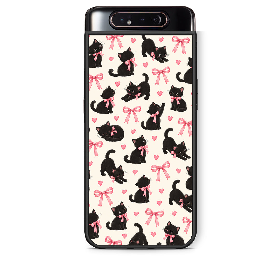 Θήκη Samsung Galaxy A80 Black Kittens and Pink Bows on Cream Small από τη Smartfits με σχέδιο στο πίσω μέρος και μαύρο περίβλημα | Samsung Galaxy A80 Black Kittens and Pink Bows on Cream Small case with colorful back and black bezels