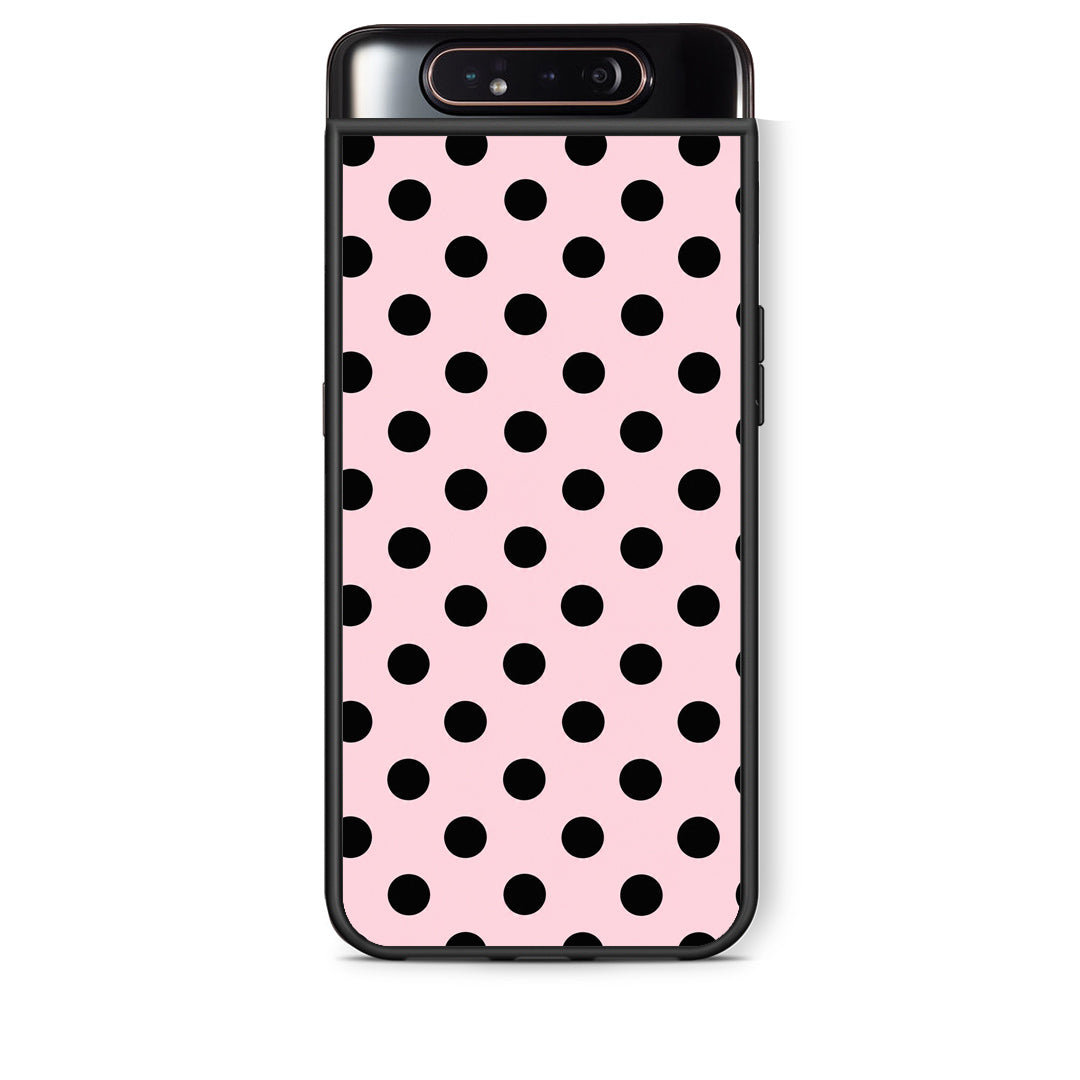 Θήκη Samsung Galaxy A80 Black Polka Dots on Pink από τη Smartfits με σχέδιο στο πίσω μέρος και μαύρο περίβλημα | Samsung Galaxy A80 Black Polka Dots on Pink case with colorful back and black bezels