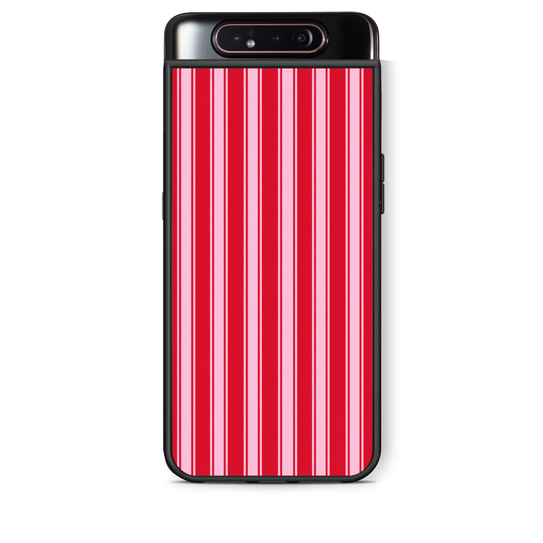 Θήκη Samsung Galaxy A80 Red and Pink Vertical Pinstripes από τη Smartfits με σχέδιο στο πίσω μέρος και μαύρο περίβλημα | Samsung Galaxy A80 Red and Pink Vertical Pinstripes case with colorful back and black bezels