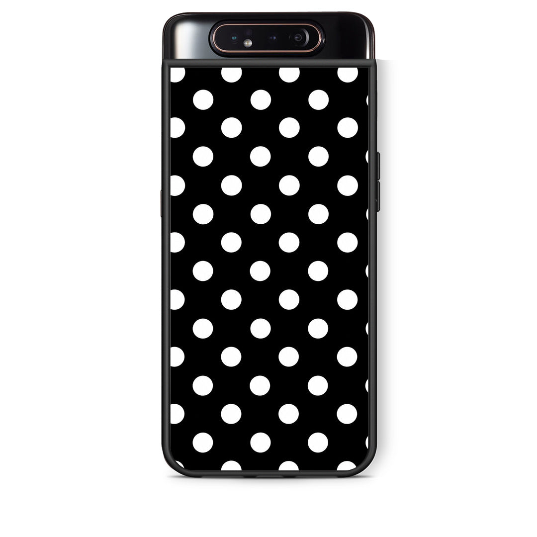 Θήκη Samsung Galaxy A80 White Polka Dots on Black από τη Smartfits με σχέδιο στο πίσω μέρος και μαύρο περίβλημα | Samsung Galaxy A80 White Polka Dots on Black case with colorful back and black bezels