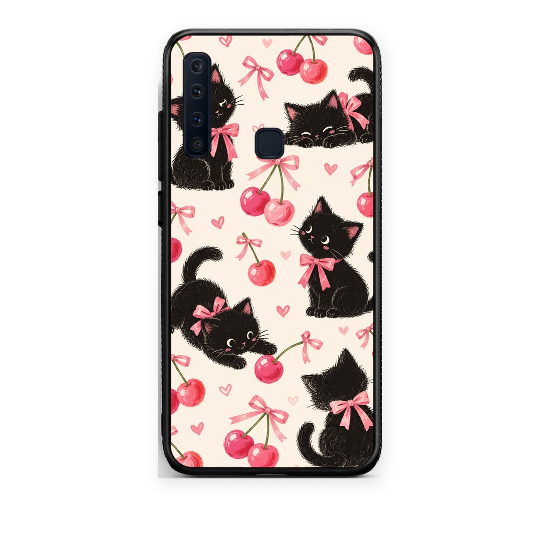 Θήκη Samsung Galaxy A9 Black Kittens and Cherries on Cream από τη Smartfits με σχέδιο στο πίσω μέρος και μαύρο περίβλημα | Samsung Galaxy A9 Black Kittens and Cherries on Cream case with colorful back and black bezels