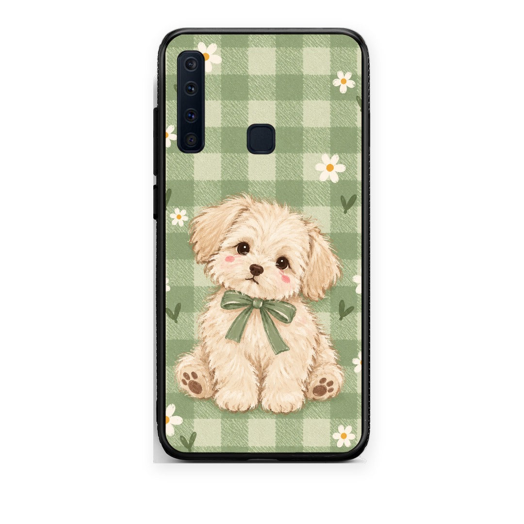 Θήκη Samsung Galaxy A9 Puppy and Daisies on Sage Gingham από τη Smartfits με σχέδιο στο πίσω μέρος και μαύρο περίβλημα | Samsung Galaxy A9 Puppy and Daisies on Sage Gingham case with colorful back and black bezels