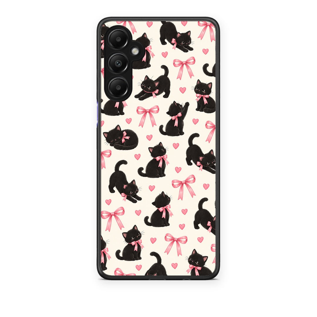 Θήκη Samsung Galaxy A05s Black Kittens and Pink Bows on Cream Small από τη Smartfits με σχέδιο στο πίσω μέρος και μαύρο περίβλημα | Samsung Galaxy A05s Black Kittens and Pink Bows on Cream Small case with colorful back and black bezels