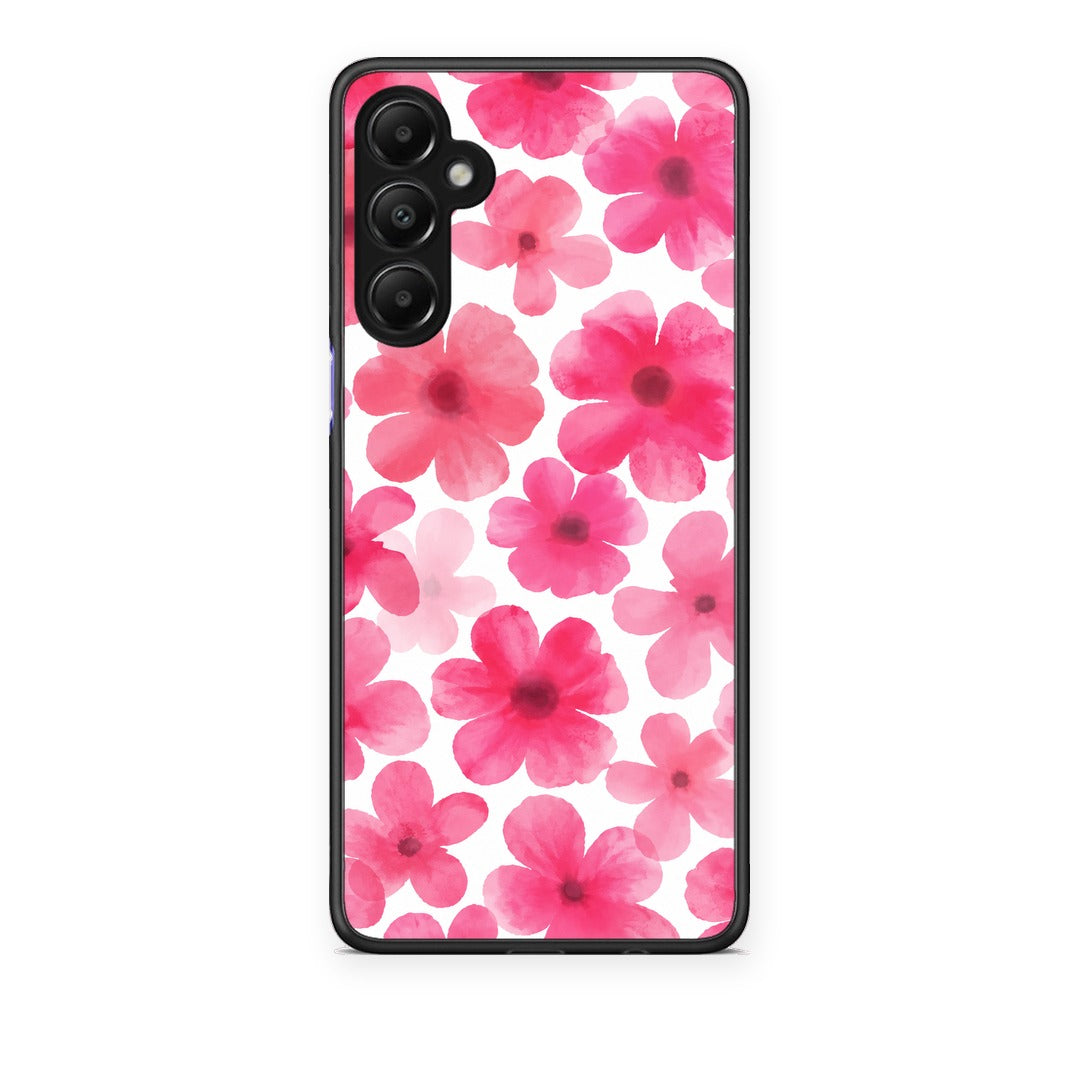 Θήκη Samsung Galaxy A05s Pink Watercolour Flowers on White από τη Smartfits με σχέδιο στο πίσω μέρος και μαύρο περίβλημα | Samsung Galaxy A05s Pink Watercolour Flowers on White case with colorful back and black bezels