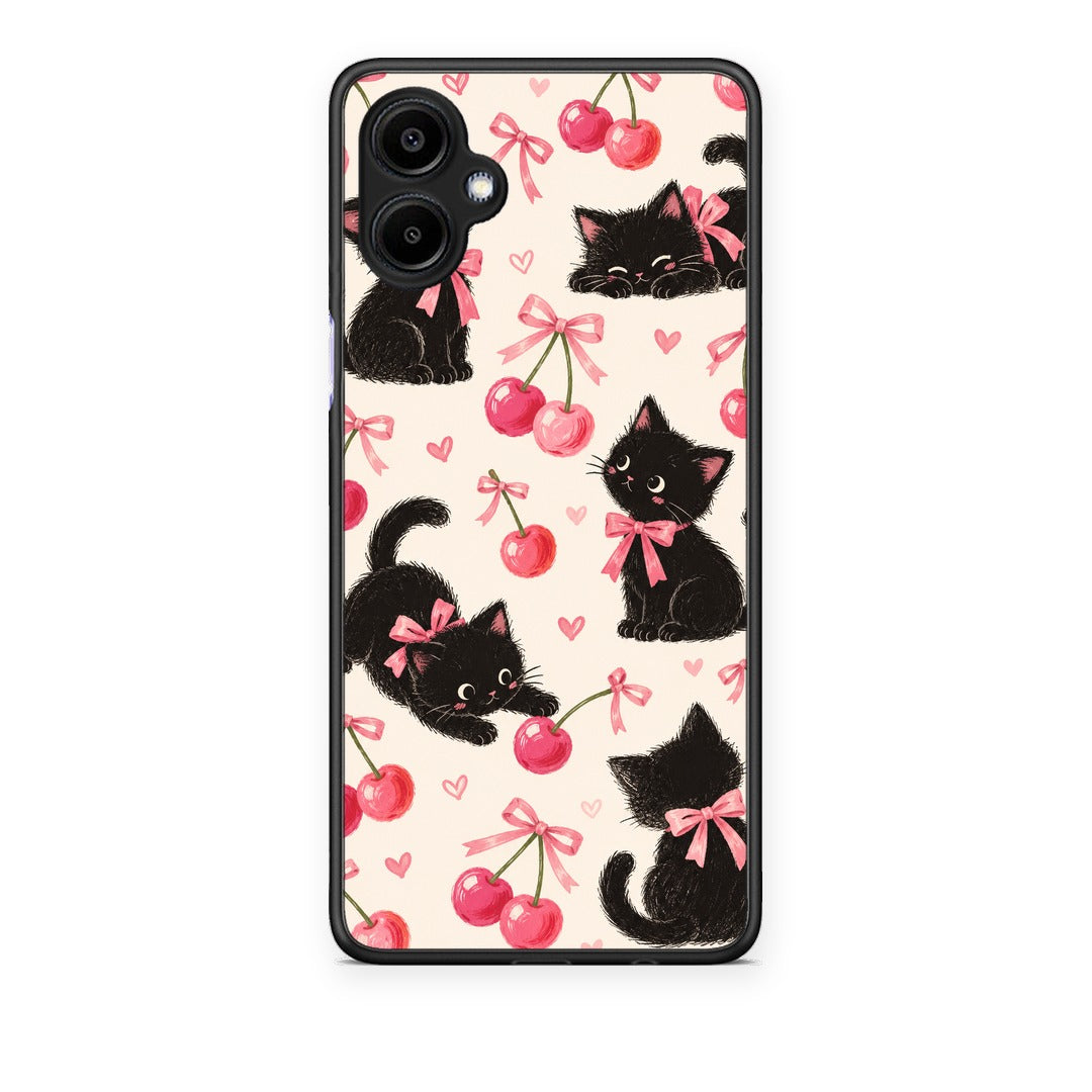Θήκη Samsung Galaxy A06 Black Kittens and Cherries on Cream από τη Smartfits με σχέδιο στο πίσω μέρος και μαύρο περίβλημα | Samsung Galaxy A06 Black Kittens and Cherries on Cream case with colorful back and black bezels