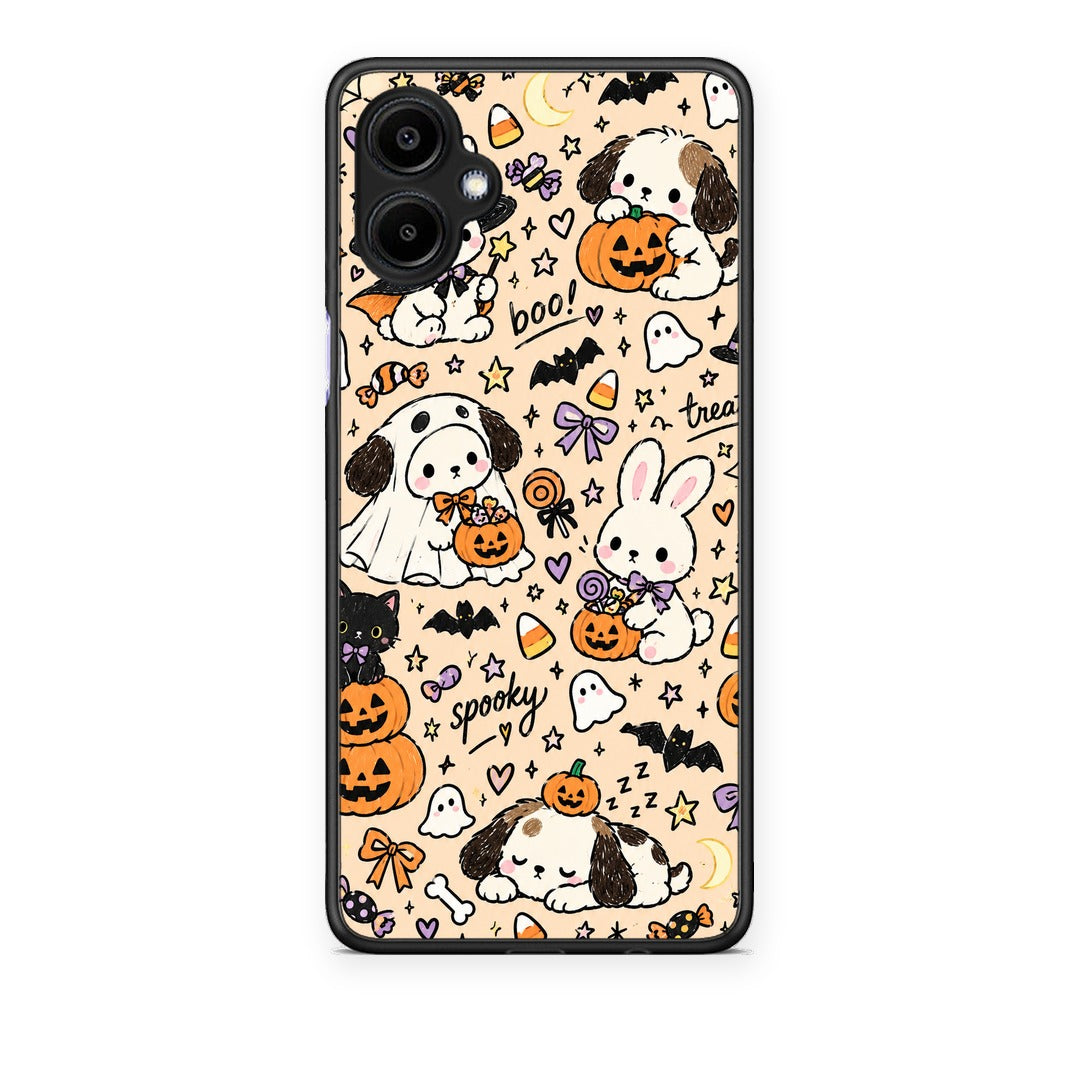 Θήκη Samsung Galaxy A06 Halloween Puppies and Friends on Cream από τη Smartfits με σχέδιο στο πίσω μέρος και μαύρο περίβλημα | Samsung Galaxy A06 Halloween Puppies and Friends on Cream case with colorful back and black bezels