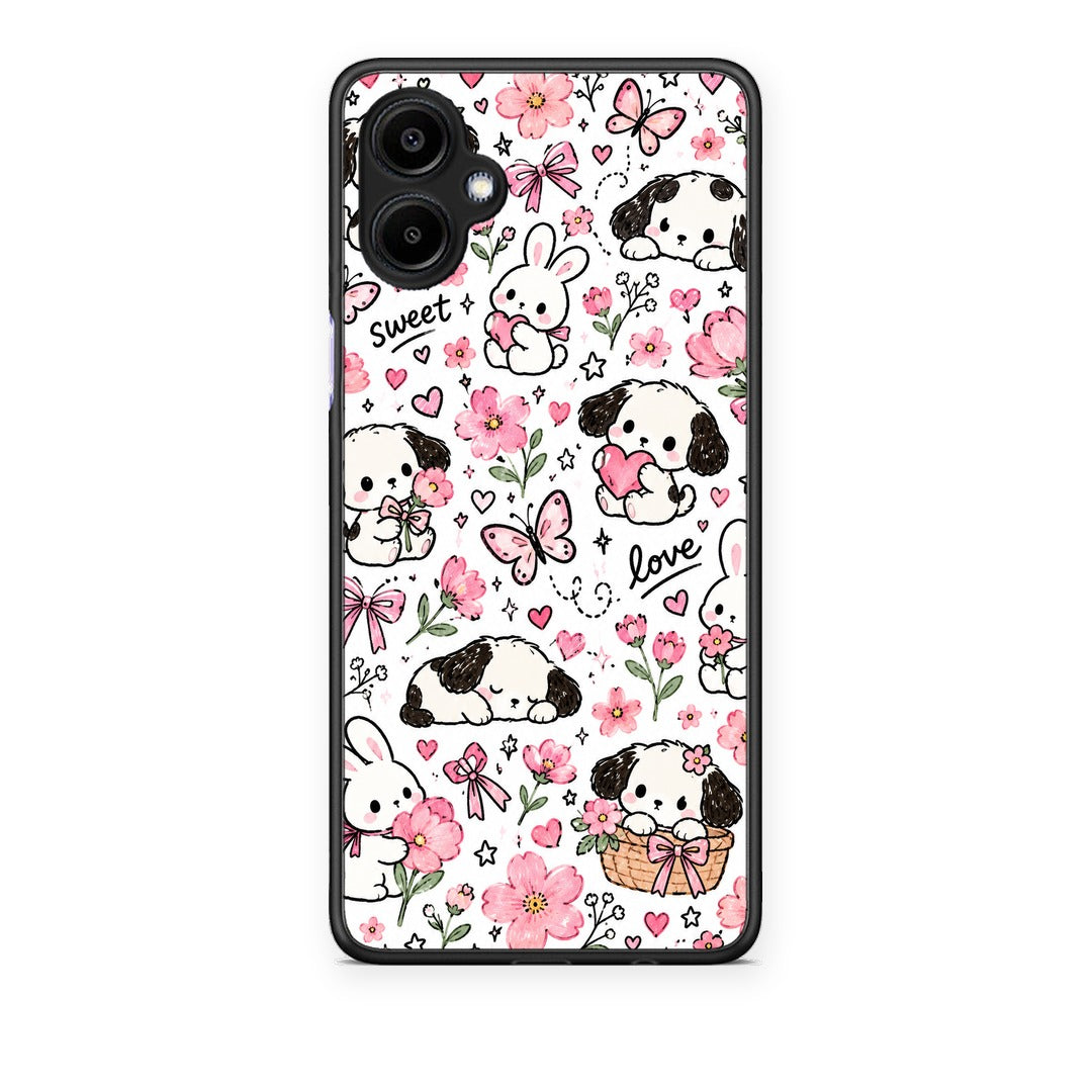 Θήκη Samsung Galaxy A06 Pink Florals Puppies and Bunnies on White από τη Smartfits με σχέδιο στο πίσω μέρος και μαύρο περίβλημα | Samsung Galaxy A06 Pink Florals Puppies and Bunnies on White case with colorful back and black bezels
