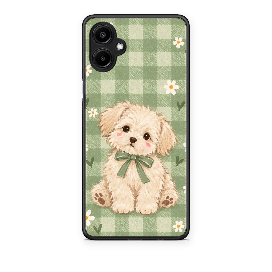 Θήκη Samsung Galaxy A06 Puppy and Daisies on Sage Gingham από τη Smartfits με σχέδιο στο πίσω μέρος και μαύρο περίβλημα | Samsung Galaxy A06 Puppy and Daisies on Sage Gingham case with colorful back and black bezels