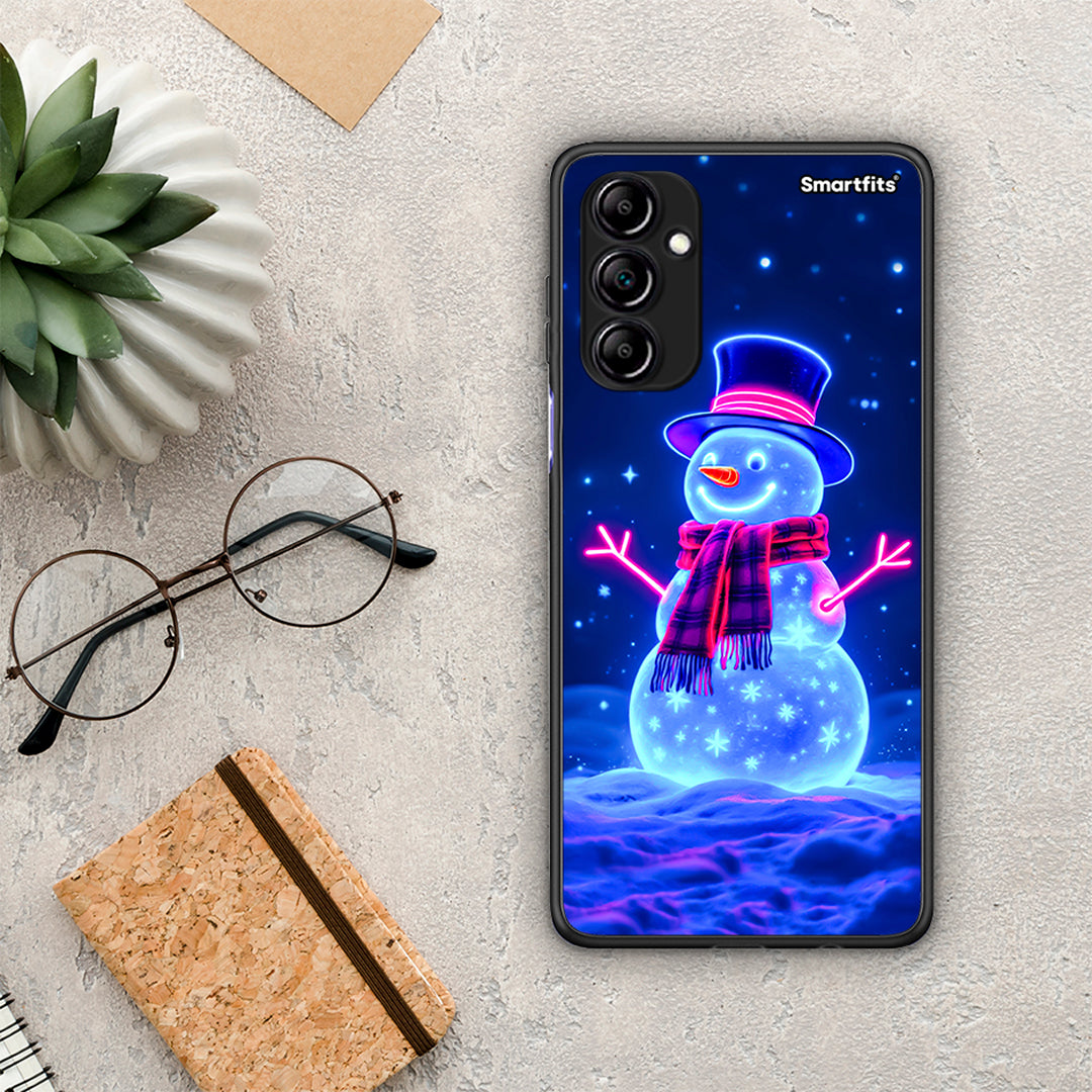 Θήκη Samsung Galaxy A14 / A14 5G Christmas Neon Snowman από τη Smartfits με σχέδιο στο πίσω μέρος και μαύρο περίβλημα | Samsung Galaxy A14 / A14 5G Christmas Neon Snowman Case with Colorful Back and Black Bezels