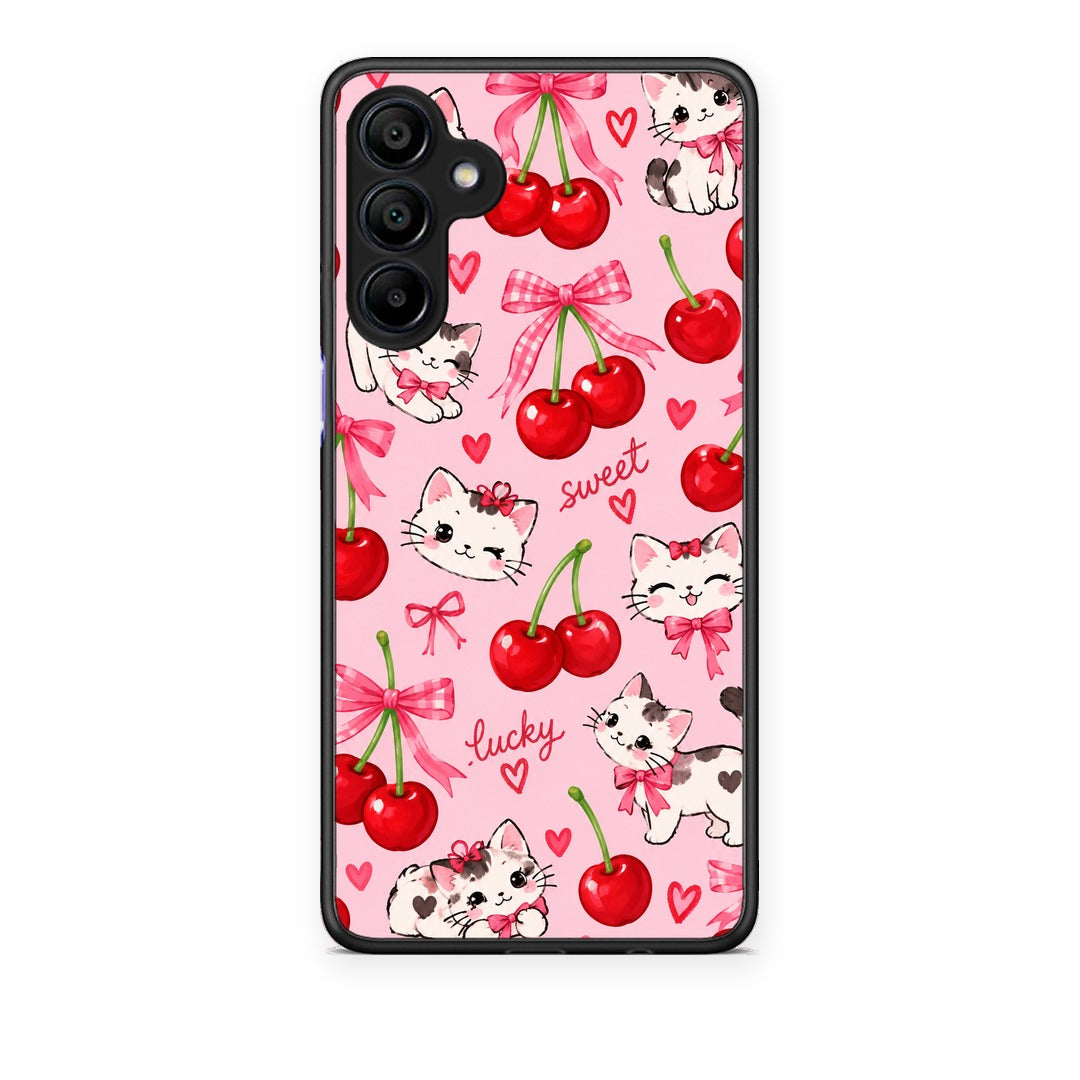 Θήκη Samsung Galaxy A15 4G / 5G Cherries Bows and Kittens on Pink από τη Smartfits με σχέδιο στο πίσω μέρος και μαύρο περίβλημα | Samsung Galaxy A15 4G / 5G Cherries Bows and Kittens on Pink case with colorful back and black bezels