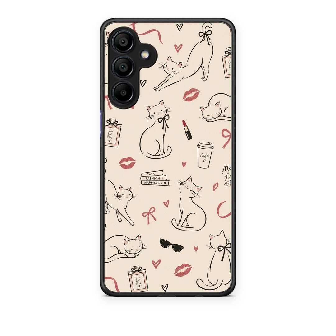 Θήκη Samsung Galaxy A15 4G / 5G Minimal Cat and Fashion Doodles on Cream από τη Smartfits με σχέδιο στο πίσω μέρος και μαύρο περίβλημα | Samsung Galaxy A15 4G / 5G Minimal Cat and Fashion Doodles on Cream case with colorful back and black bezels