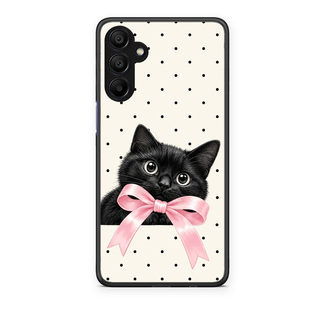 Θήκη Samsung A15 5G Black Kitten Pink Bow and Polka Dots από τη Smartfits με σχέδιο στο πίσω μέρος και μαύρο περίβλημα | Samsung A15 5G Black Kitten Pink Bow and Polka Dots case with colorful back and black bezels