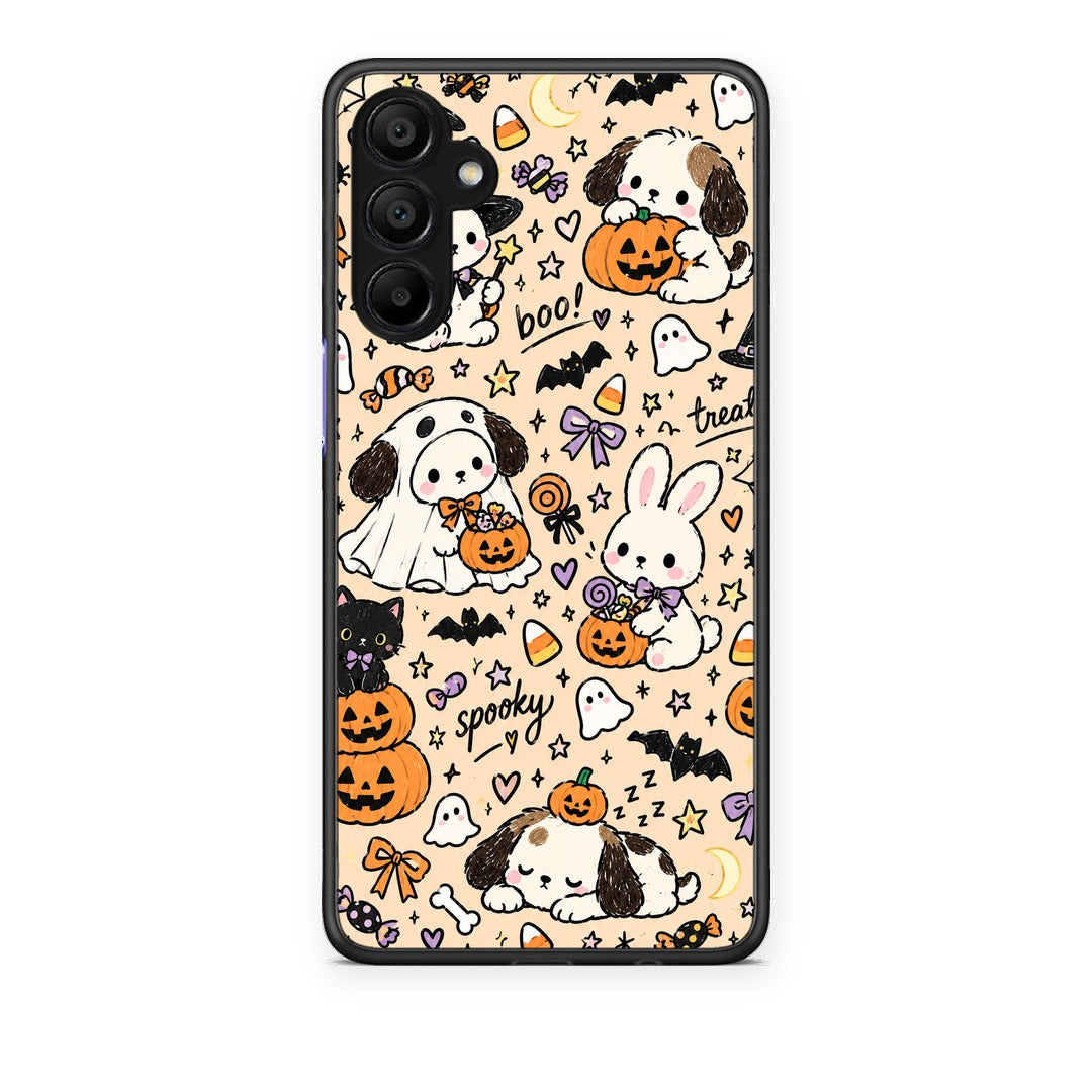 Θήκη Samsung A15 5G Halloween Puppies and Friends on Cream από τη Smartfits με σχέδιο στο πίσω μέρος και μαύρο περίβλημα | Samsung A15 5G Halloween Puppies and Friends on Cream case with colorful back and black bezels
