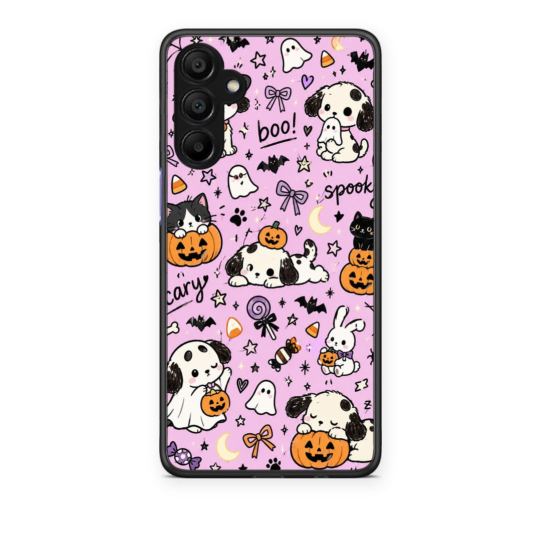 Θήκη Samsung A15 5G Halloween Puppies and Friends on Lilac από τη Smartfits με σχέδιο στο πίσω μέρος και μαύρο περίβλημα | Samsung A15 5G Halloween Puppies and Friends on Lilac case with colorful back and black bezels