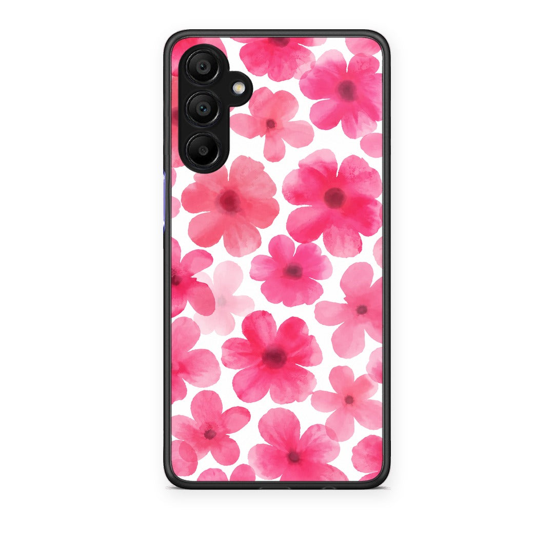 Θήκη Samsung A15 5G Pink Watercolour Flowers on White από τη Smartfits με σχέδιο στο πίσω μέρος και μαύρο περίβλημα | Samsung A15 5G Pink Watercolour Flowers on White case with colorful back and black bezels