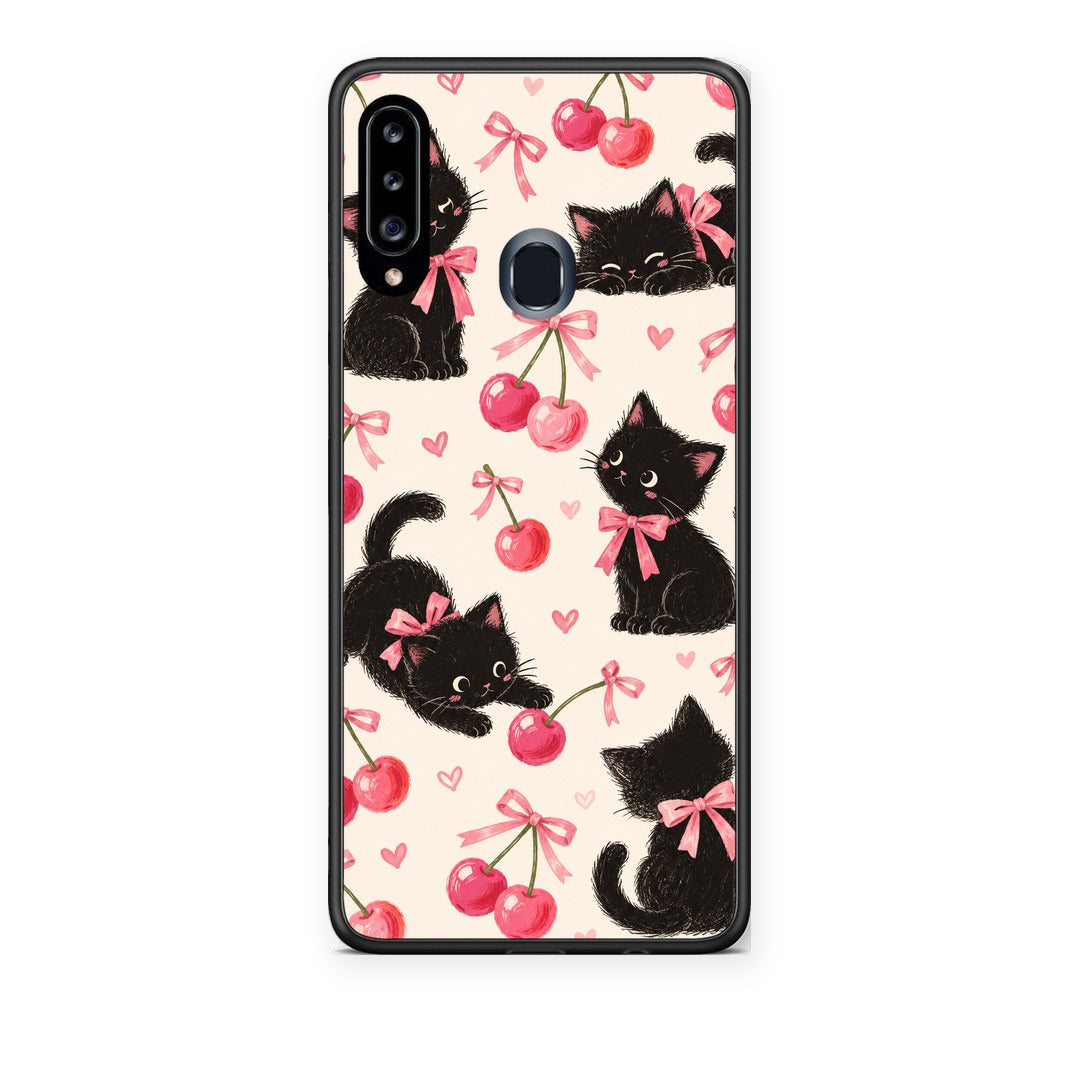 Θήκη Samsung Galaxy A20s Black Kittens and Cherries on Cream από τη Smartfits με σχέδιο στο πίσω μέρος και μαύρο περίβλημα | Samsung Galaxy A20s Black Kittens and Cherries on Cream case with colorful back and black bezels
