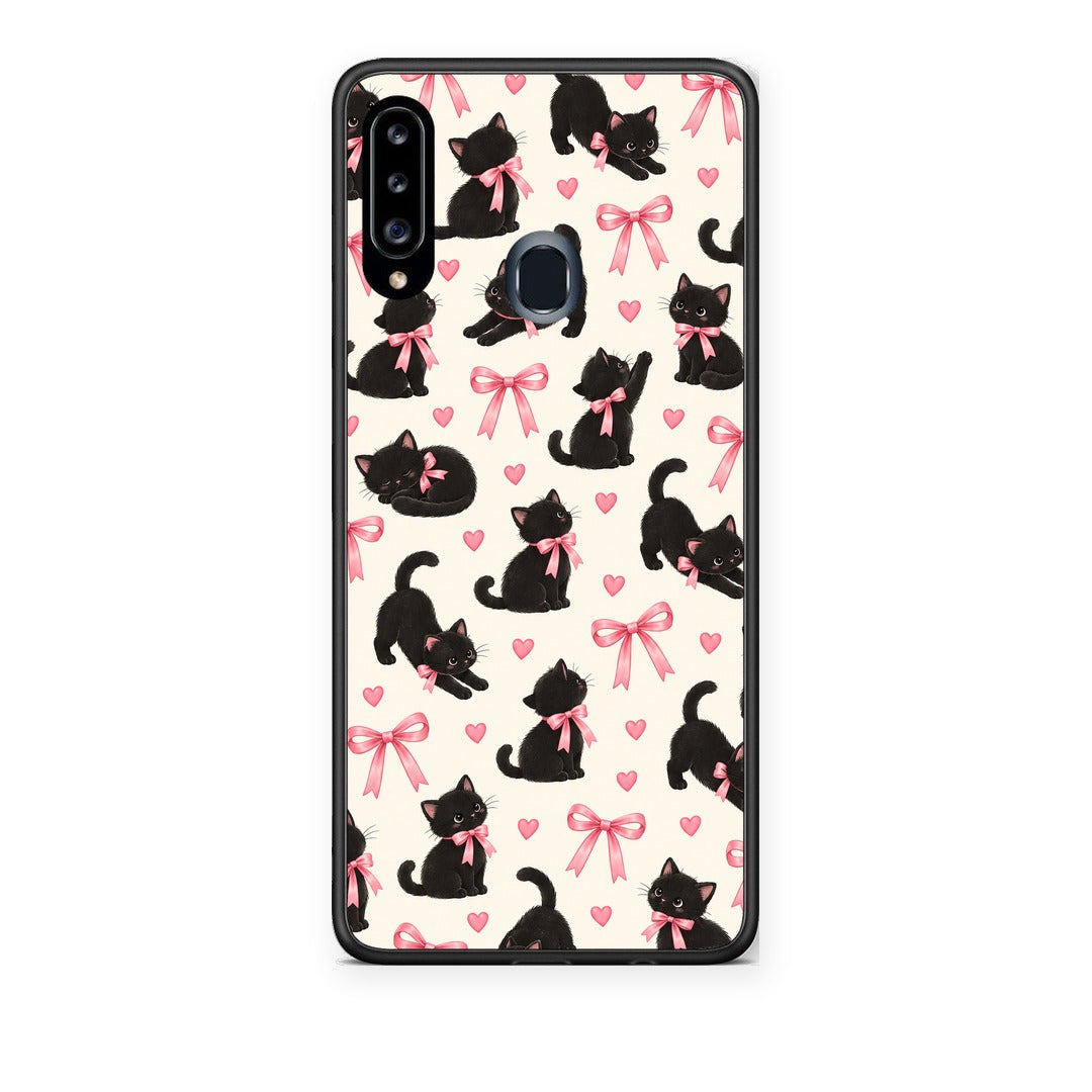 Θήκη Samsung Galaxy A20s Black Kittens and Pink Bows on Cream Small από τη Smartfits με σχέδιο στο πίσω μέρος και μαύρο περίβλημα | Samsung Galaxy A20s Black Kittens and Pink Bows on Cream Small case with colorful back and black bezels