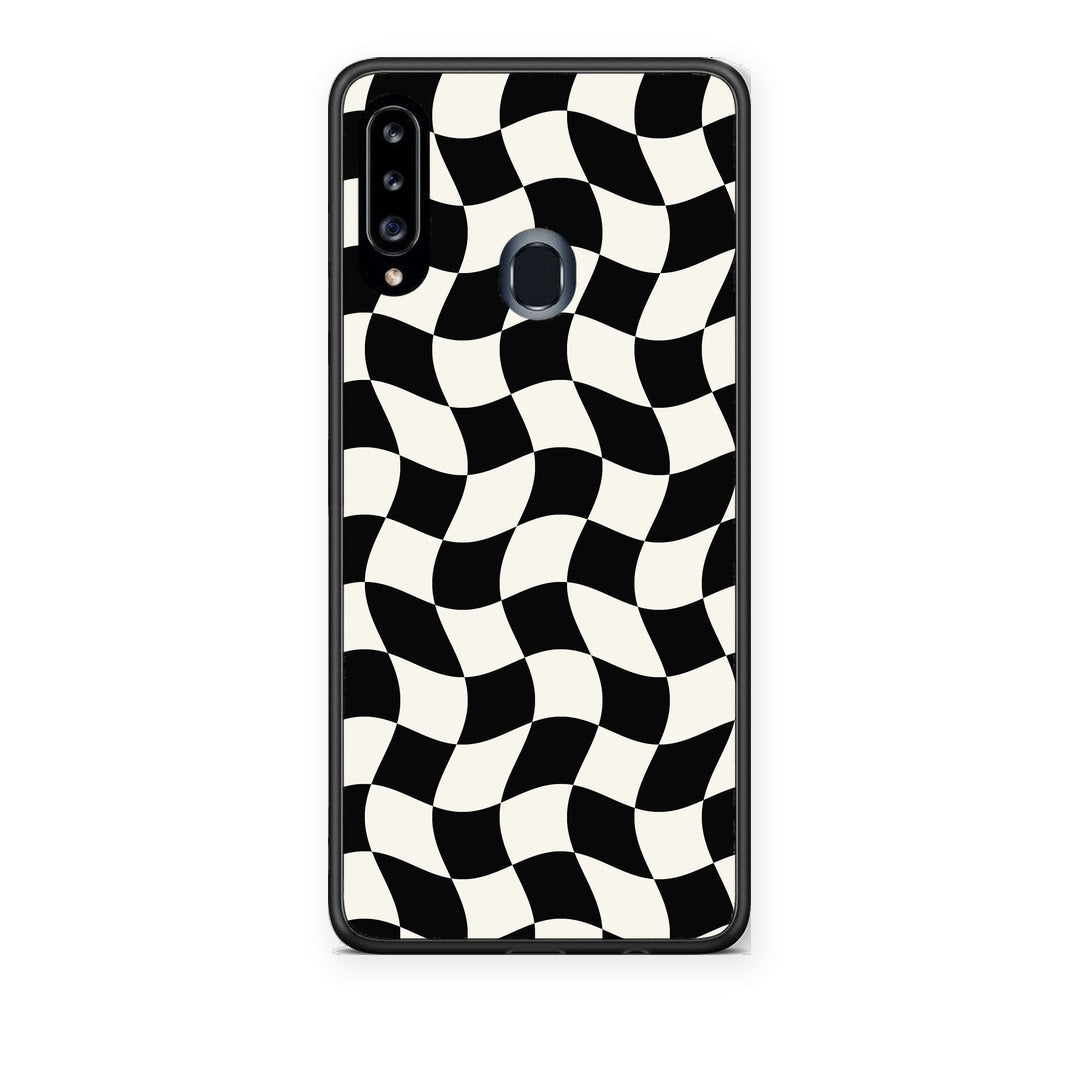 Θήκη Samsung Galaxy A20s Black and Cream Wavy Checkerboard από τη Smartfits με σχέδιο στο πίσω μέρος και μαύρο περίβλημα | Samsung Galaxy A20s Black and Cream Wavy Checkerboard case with colorful back and black bezels