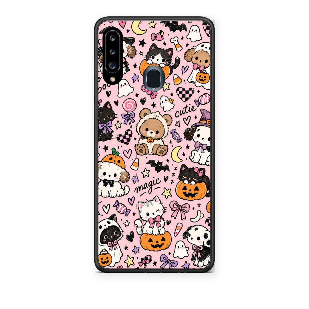 Θήκη Samsung Galaxy A20s Halloween Cute Animals on Pink από τη Smartfits με σχέδιο στο πίσω μέρος και μαύρο περίβλημα | Samsung Galaxy A20s Halloween Cute Animals on Pink case with colorful back and black bezels