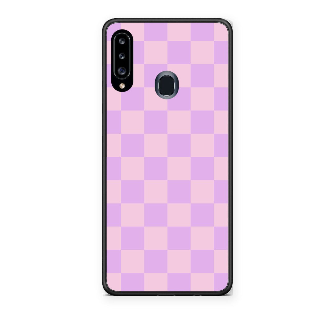 Θήκη Samsung Galaxy A20s Lavender and Pink Checkerboard από τη Smartfits με σχέδιο στο πίσω μέρος και μαύρο περίβλημα | Samsung Galaxy A20s Lavender and Pink Checkerboard case with colorful back and black bezels