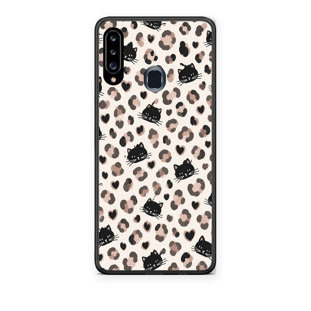Θήκη Samsung Galaxy A20s Leopard Spots and Black Cats on Cream από τη Smartfits με σχέδιο στο πίσω μέρος και μαύρο περίβλημα | Samsung Galaxy A20s Leopard Spots and Black Cats on Cream case with colorful back and black bezels