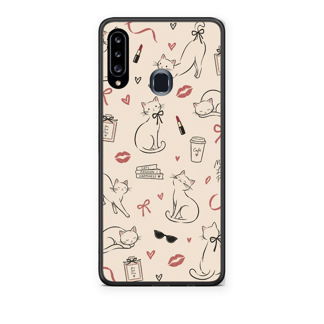 Θήκη Samsung Galaxy A20s Minimal Cat and Fashion Doodles on Cream από τη Smartfits με σχέδιο στο πίσω μέρος και μαύρο περίβλημα | Samsung Galaxy A20s Minimal Cat and Fashion Doodles on Cream case with colorful back and black bezels