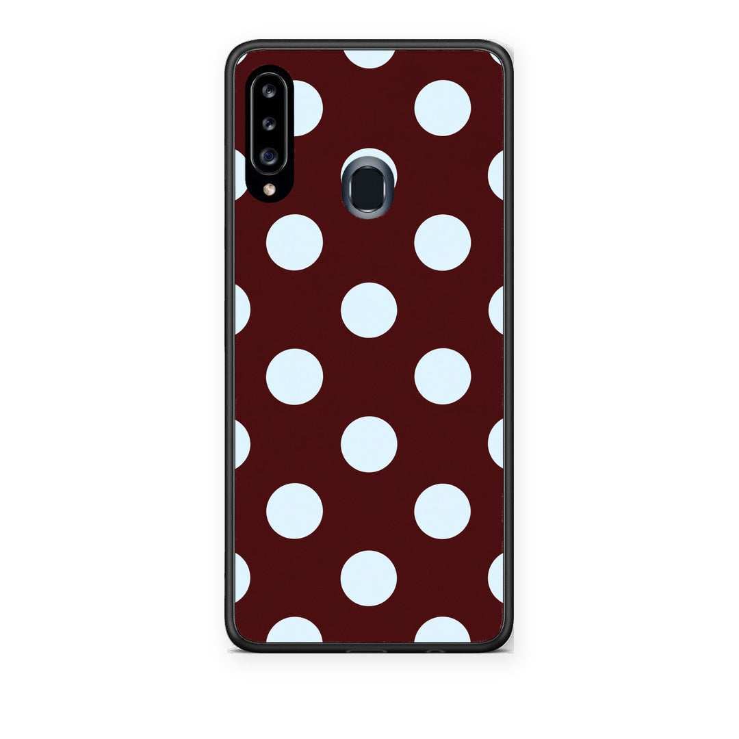 Θήκη Samsung Galaxy A20s Pale Blue Large Polka Dots on Burgundy από τη Smartfits με σχέδιο στο πίσω μέρος και μαύρο περίβλημα | Samsung Galaxy A20s Pale Blue Large Polka Dots on Burgundy case with colorful back and black bezels
