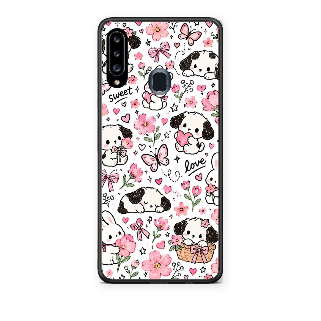 Θήκη Samsung Galaxy A20s Pink Florals Puppies and Bunnies on White από τη Smartfits με σχέδιο στο πίσω μέρος και μαύρο περίβλημα | Samsung Galaxy A20s Pink Florals Puppies and Bunnies on White case with colorful back and black bezels