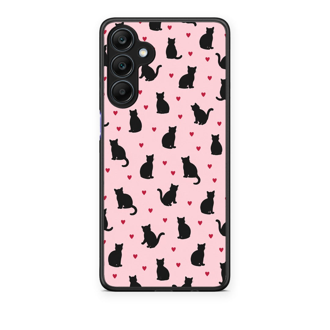 Θήκη Samsung Galaxy A25 5G Black Cat Silhouettes and Hearts on Pink από τη Smartfits με σχέδιο στο πίσω μέρος και μαύρο περίβλημα | Samsung Galaxy A25 5G Black Cat Silhouettes and Hearts on Pink case with colorful back and black bezels