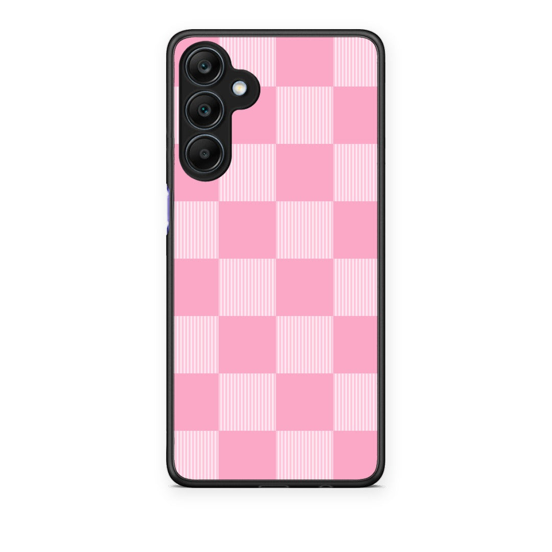 Θήκη Samsung Galaxy A25 5G Pink and White Striped Checks από τη Smartfits με σχέδιο στο πίσω μέρος και μαύρο περίβλημα | Samsung Galaxy A25 5G Pink and White Striped Checks case with colorful back and black bezels