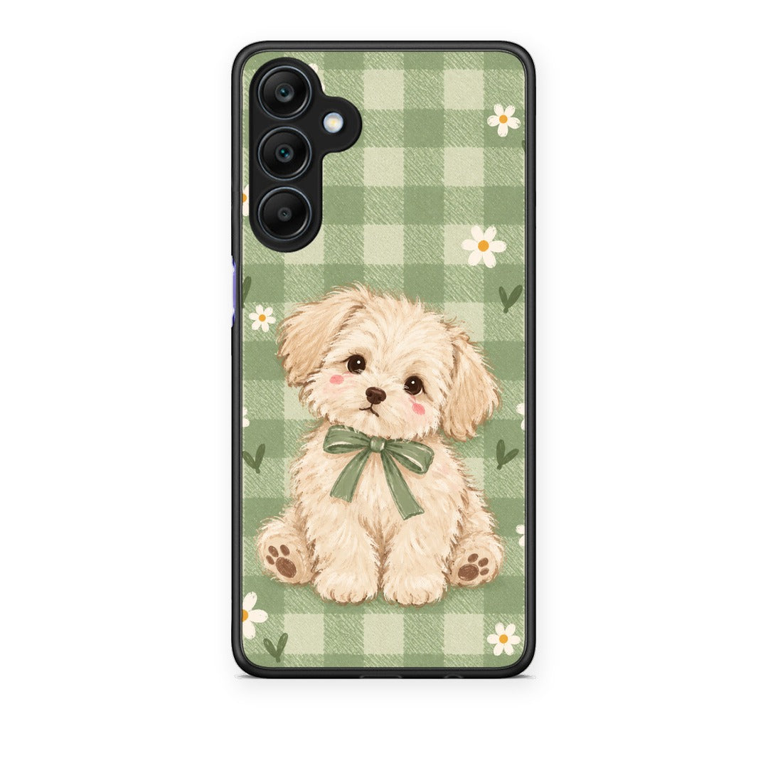 Θήκη Samsung Galaxy A25 5G Puppy and Daisies on Sage Gingham από τη Smartfits με σχέδιο στο πίσω μέρος και μαύρο περίβλημα | Samsung Galaxy A25 5G Puppy and Daisies on Sage Gingham case with colorful back and black bezels
