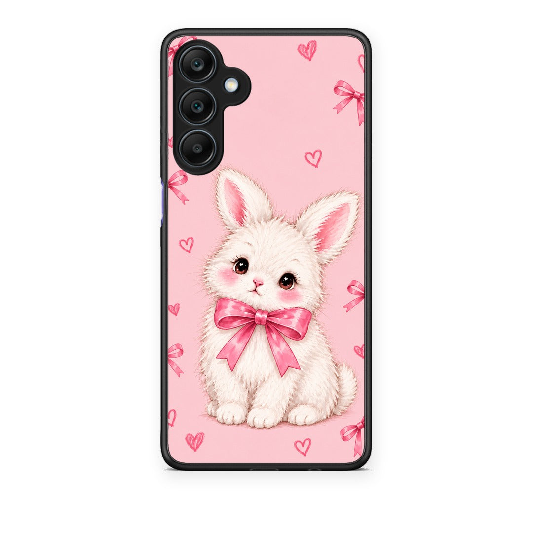 Θήκη Samsung Galaxy A25 5G White Bunny and Pink Bows από τη Smartfits με σχέδιο στο πίσω μέρος και μαύρο περίβλημα | Samsung Galaxy A25 5G White Bunny and Pink Bows case with colorful back and black bezels