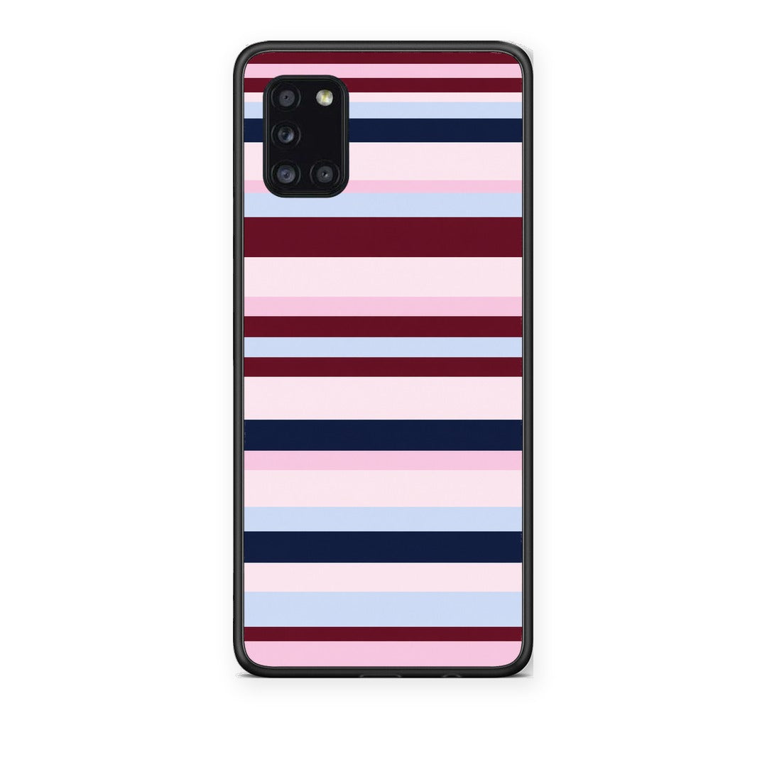 Θήκη Samsung Galaxy A31 Burgundy Pink and Blue Horizontal Stripes από τη Smartfits με σχέδιο στο πίσω μέρος και μαύρο περίβλημα | Samsung Galaxy A31 Burgundy Pink and Blue Horizontal Stripes case with colorful back and black bezels