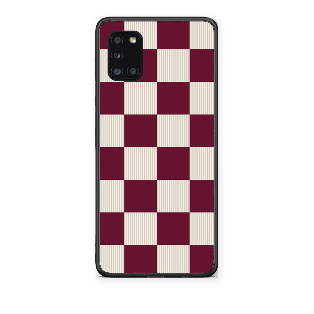 Θήκη Samsung Galaxy A31 Burgundy and Cream Striped Checks από τη Smartfits με σχέδιο στο πίσω μέρος και μαύρο περίβλημα | Samsung Galaxy A31 Burgundy and Cream Striped Checks case with colorful back and black bezels