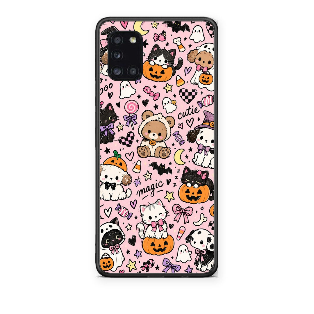 Θήκη Samsung Galaxy A31 Halloween Cute Animals on Pink από τη Smartfits με σχέδιο στο πίσω μέρος και μαύρο περίβλημα | Samsung Galaxy A31 Halloween Cute Animals on Pink case with colorful back and black bezels