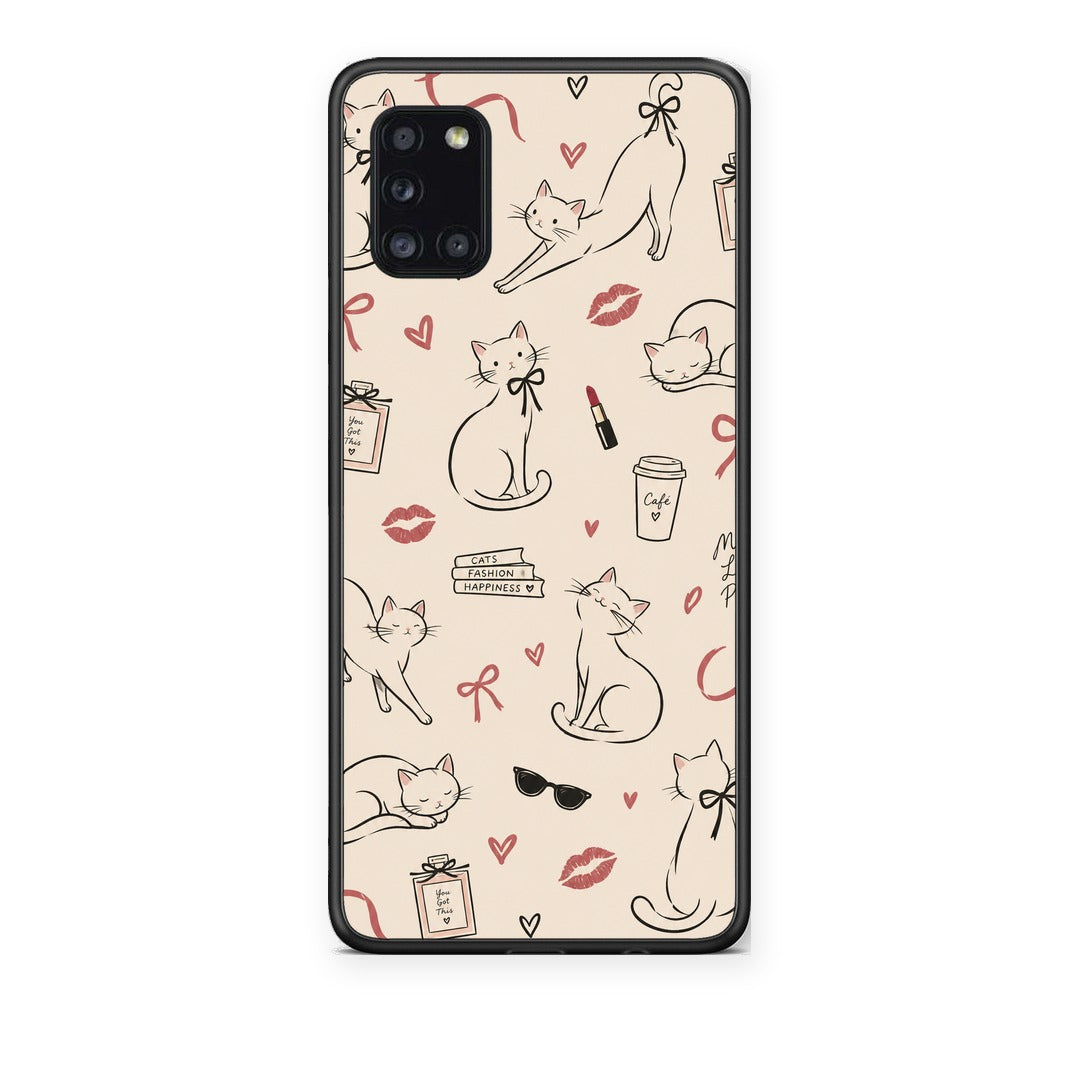 Θήκη Samsung Galaxy A31 Minimal Cat and Fashion Doodles on Cream από τη Smartfits με σχέδιο στο πίσω μέρος και μαύρο περίβλημα | Samsung Galaxy A31 Minimal Cat and Fashion Doodles on Cream case with colorful back and black bezels