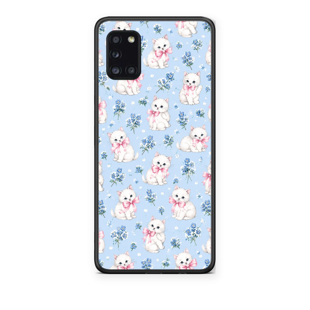 Θήκη Samsung Galaxy A31 White Kittens and Blue Flowers Small από τη Smartfits με σχέδιο στο πίσω μέρος και μαύρο περίβλημα | Samsung Galaxy A31 White Kittens and Blue Flowers Small case with colorful back and black bezels