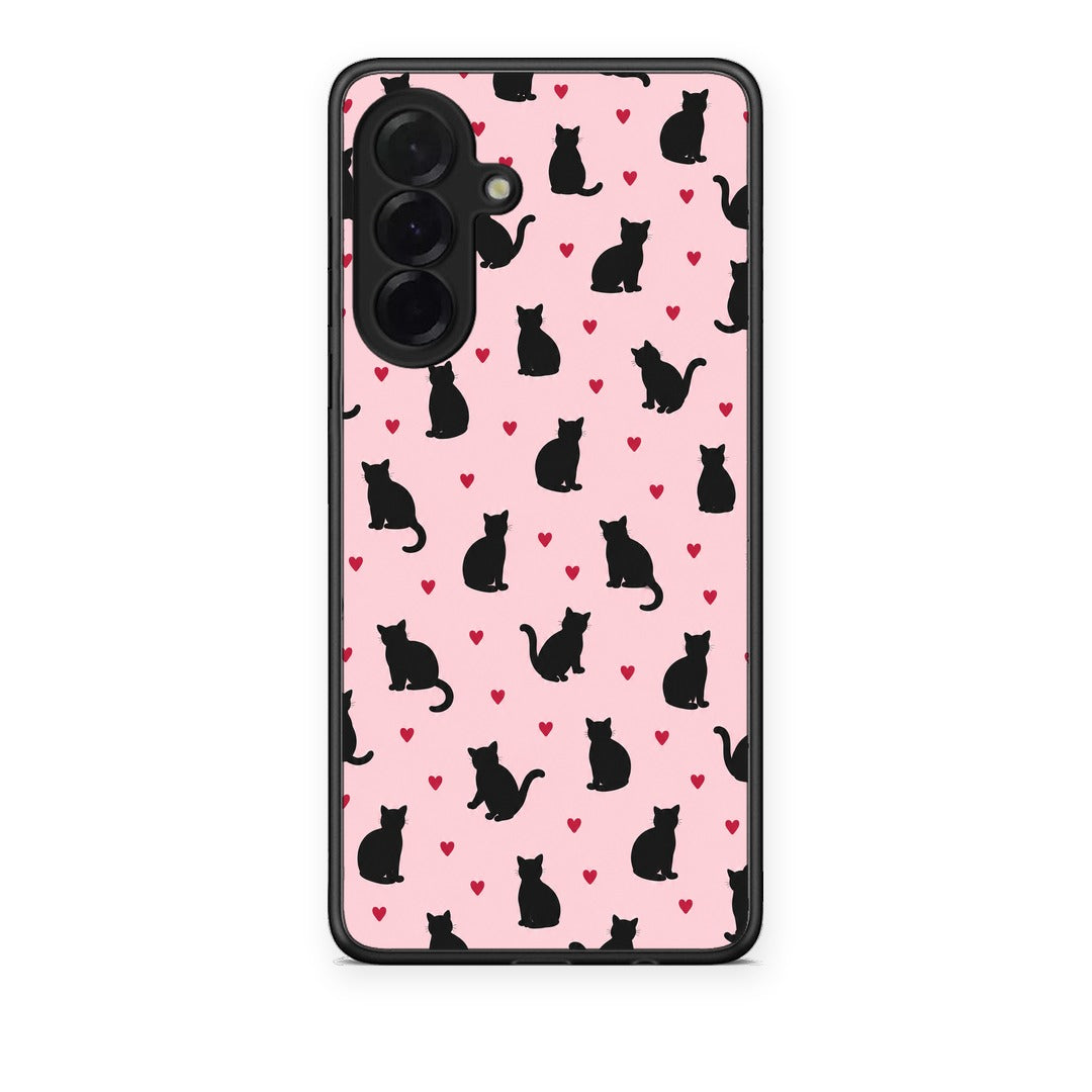 Θήκη Samsung Galaxy A36 Black Cat Silhouettes and Hearts on Pink από τη Smartfits με σχέδιο στο πίσω μέρος και μαύρο περίβλημα | Samsung Galaxy A36 Black Cat Silhouettes and Hearts on Pink case with colorful back and black bezels