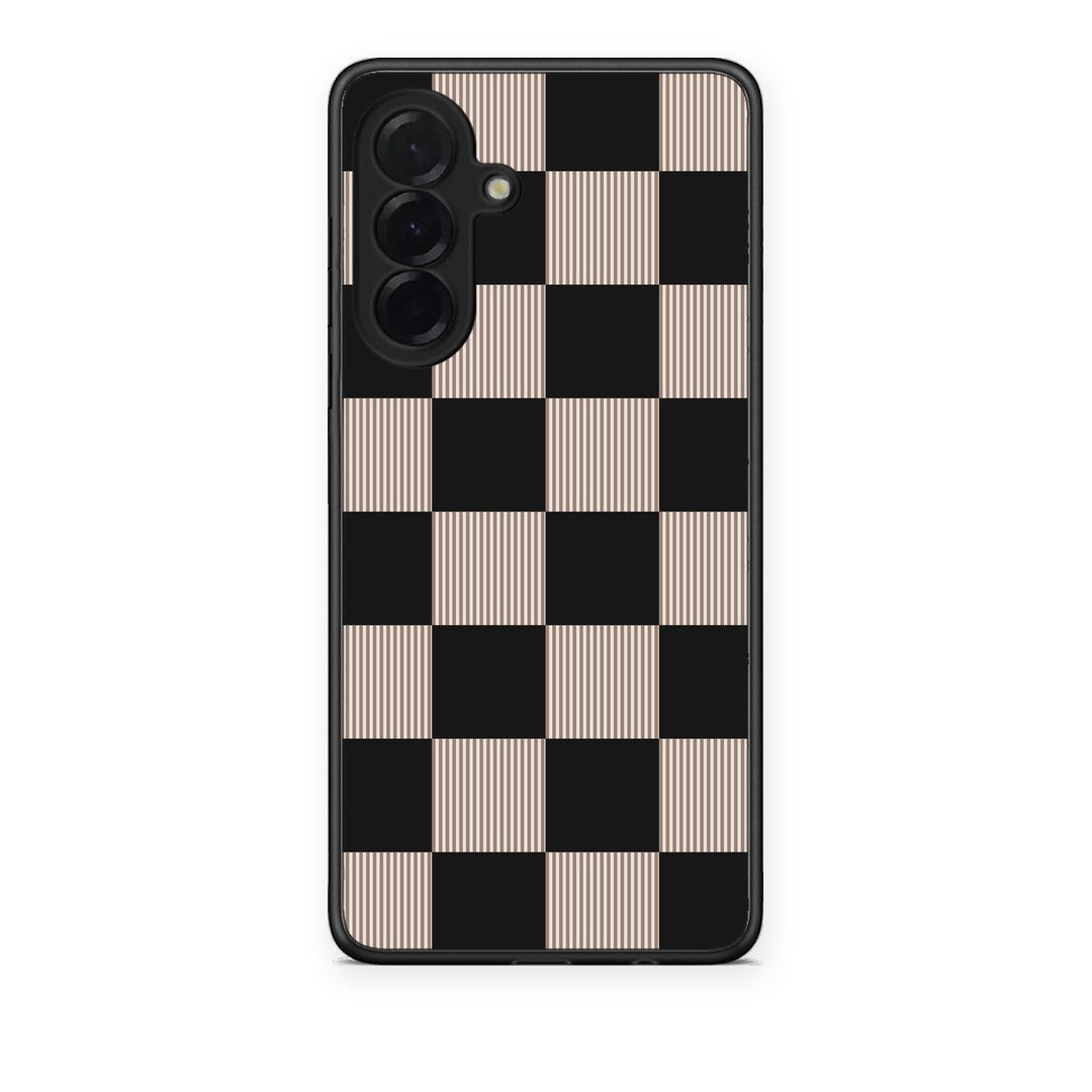 Θήκη Samsung Galaxy A36 Black and Taupe Striped Checks από τη Smartfits με σχέδιο στο πίσω μέρος και μαύρο περίβλημα | Samsung Galaxy A36 Black and Taupe Striped Checks case with colorful back and black bezels
