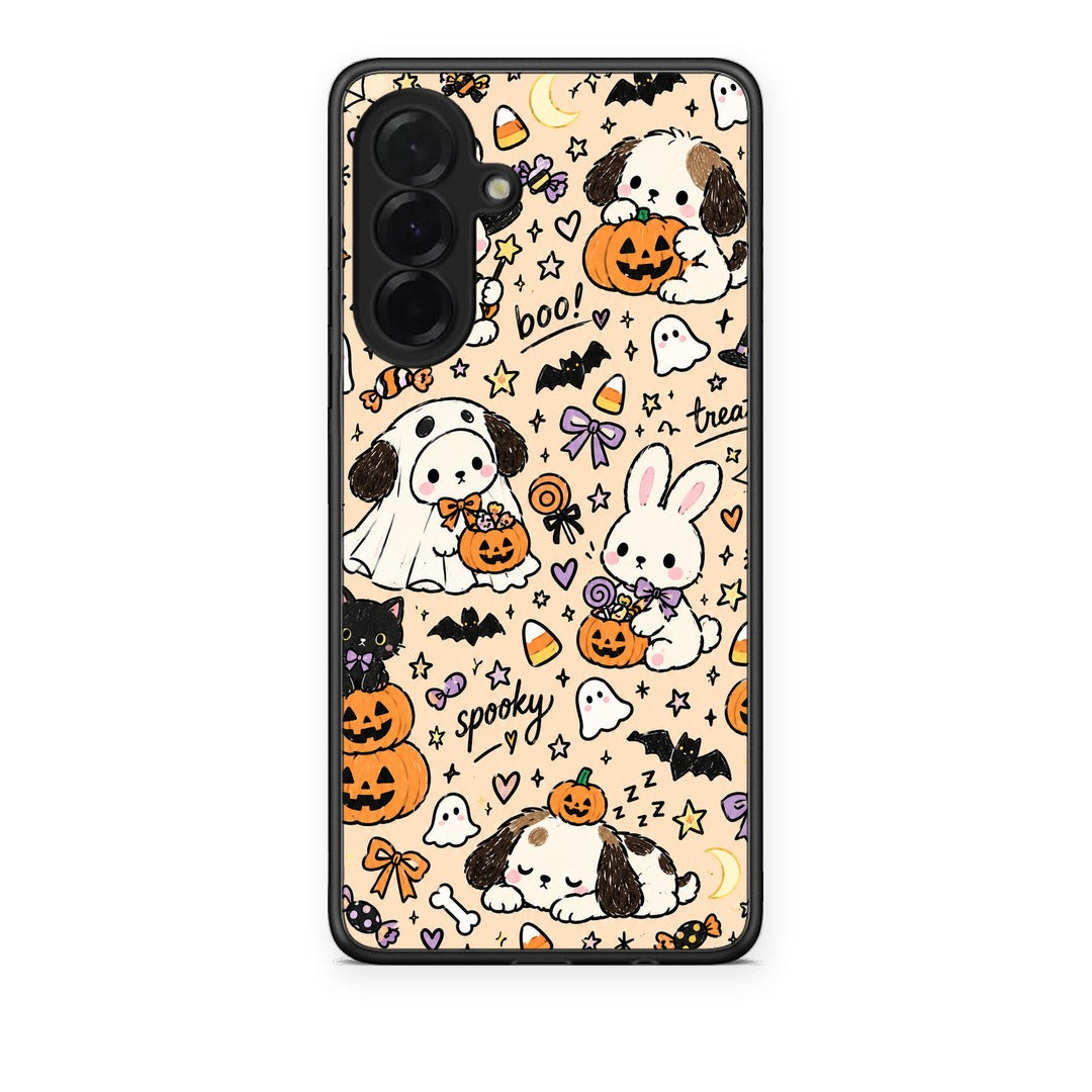 Θήκη Samsung Galaxy A36 Halloween Puppies and Friends on Cream από τη Smartfits με σχέδιο στο πίσω μέρος και μαύρο περίβλημα | Samsung Galaxy A36 Halloween Puppies and Friends on Cream case with colorful back and black bezels