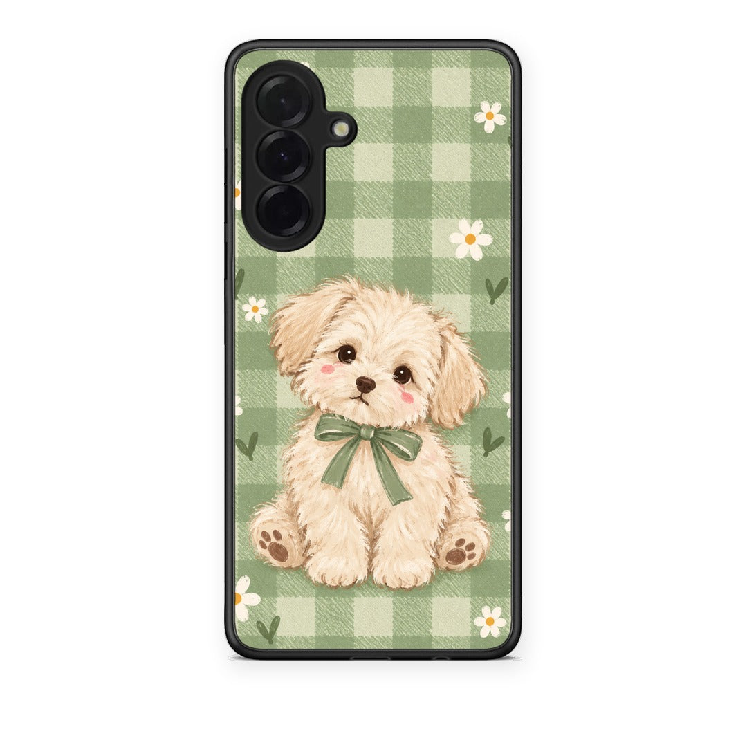 Θήκη Samsung Galaxy A36 Puppy and Daisies on Sage Gingham από τη Smartfits με σχέδιο στο πίσω μέρος και μαύρο περίβλημα | Samsung Galaxy A36 Puppy and Daisies on Sage Gingham case with colorful back and black bezels