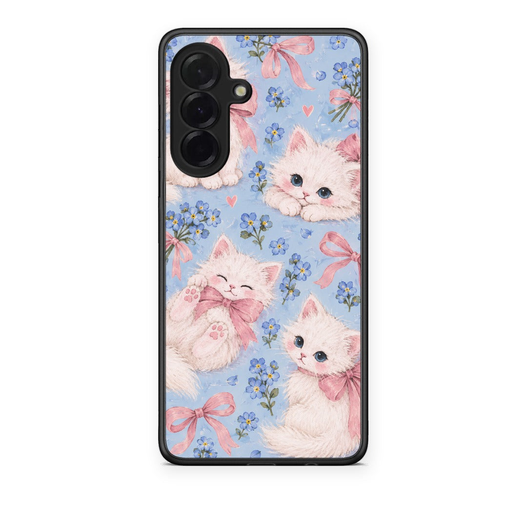 Θήκη Samsung Galaxy A36 White Kittens and Blue Flowers Large από τη Smartfits με σχέδιο στο πίσω μέρος και μαύρο περίβλημα | Samsung Galaxy A36 White Kittens and Blue Flowers Large case with colorful back and black bezels
