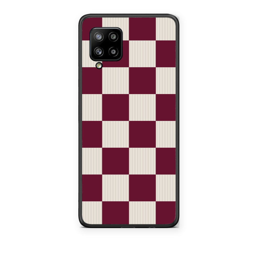 Θήκη Samsung Galaxy A42 Burgundy and Cream Striped Checks από τη Smartfits με σχέδιο στο πίσω μέρος και μαύρο περίβλημα | Samsung Galaxy A42 Burgundy and Cream Striped Checks case with colorful back and black bezels