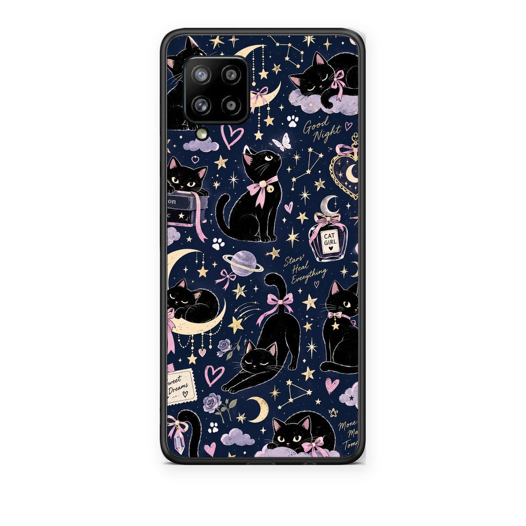 Θήκη Samsung Galaxy A42 Celestial Black Cats on Navy από τη Smartfits με σχέδιο στο πίσω μέρος και μαύρο περίβλημα | Samsung Galaxy A42 Celestial Black Cats on Navy case with colorful back and black bezels
