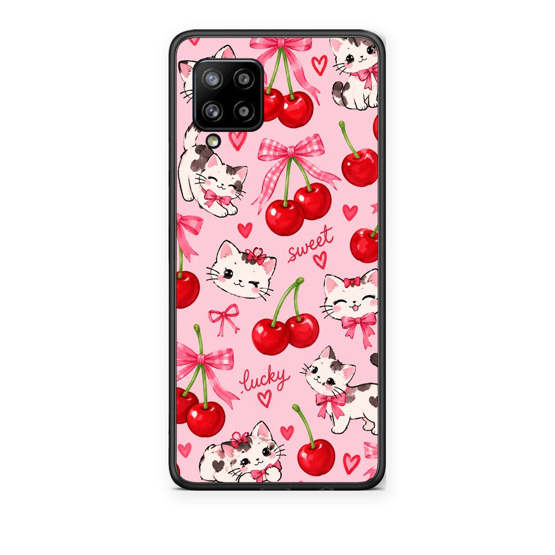Θήκη Samsung Galaxy A42 Cherries Bows and Kittens on Pink από τη Smartfits με σχέδιο στο πίσω μέρος και μαύρο περίβλημα | Samsung Galaxy A42 Cherries Bows and Kittens on Pink case with colorful back and black bezels