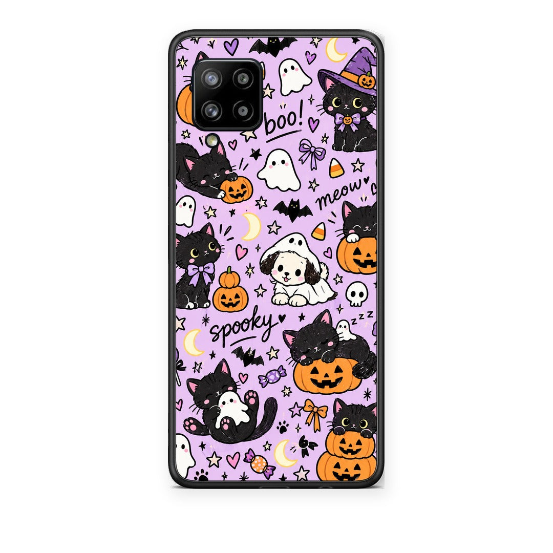 Θήκη Samsung Galaxy A42 Halloween Black Cats on Lilac από τη Smartfits με σχέδιο στο πίσω μέρος και μαύρο περίβλημα | Samsung Galaxy A42 Halloween Black Cats on Lilac case with colorful back and black bezels