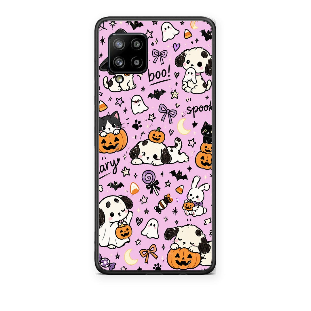 Θήκη Samsung Galaxy A42 Halloween Puppies and Friends on Lilac από τη Smartfits με σχέδιο στο πίσω μέρος και μαύρο περίβλημα | Samsung Galaxy A42 Halloween Puppies and Friends on Lilac case with colorful back and black bezels