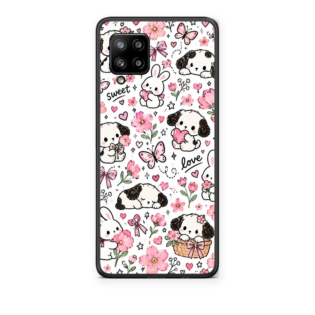 Θήκη Samsung Galaxy A42 Pink Florals Puppies and Bunnies on White από τη Smartfits με σχέδιο στο πίσω μέρος και μαύρο περίβλημα | Samsung Galaxy A42 Pink Florals Puppies and Bunnies on White case with colorful back and black bezels