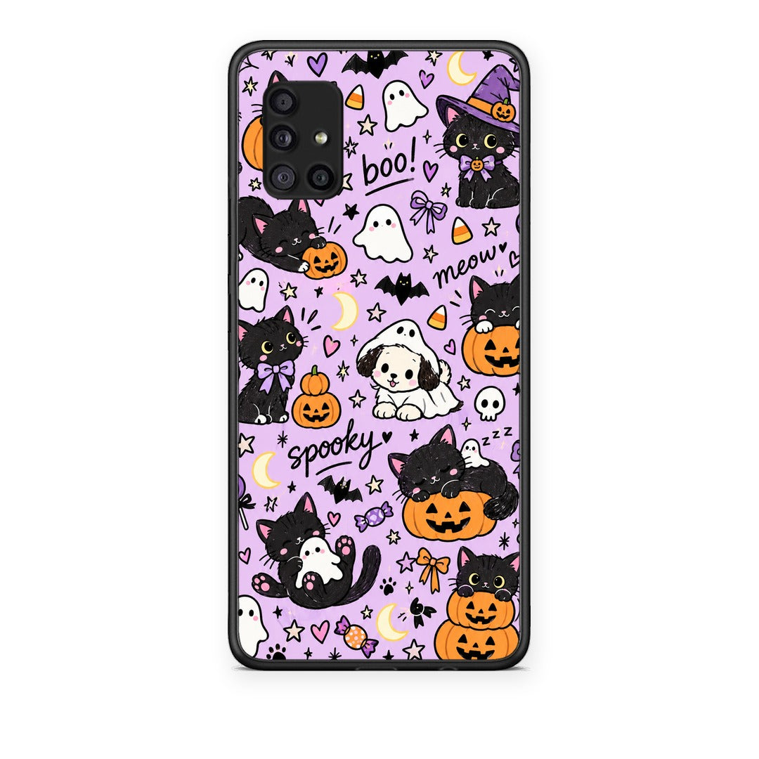 Θήκη Samsung Galaxy A51 5G Halloween Black Cats on Lilac από τη Smartfits με σχέδιο στο πίσω μέρος και μαύρο περίβλημα | Samsung Galaxy A51 5G Halloween Black Cats on Lilac case with colorful back and black bezels