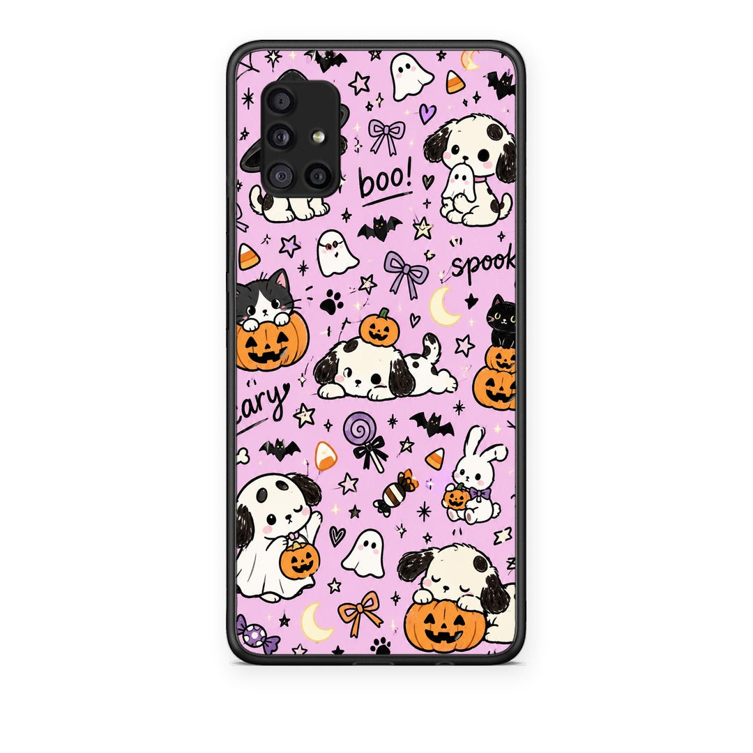 Θήκη Samsung Galaxy A51 5G Halloween Puppies and Friends on Lilac από τη Smartfits με σχέδιο στο πίσω μέρος και μαύρο περίβλημα | Samsung Galaxy A51 5G Halloween Puppies and Friends on Lilac case with colorful back and black bezels